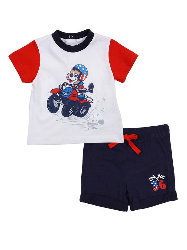 Boys White & Medium Blue Printed T-Shirt with Short Pants image number 0